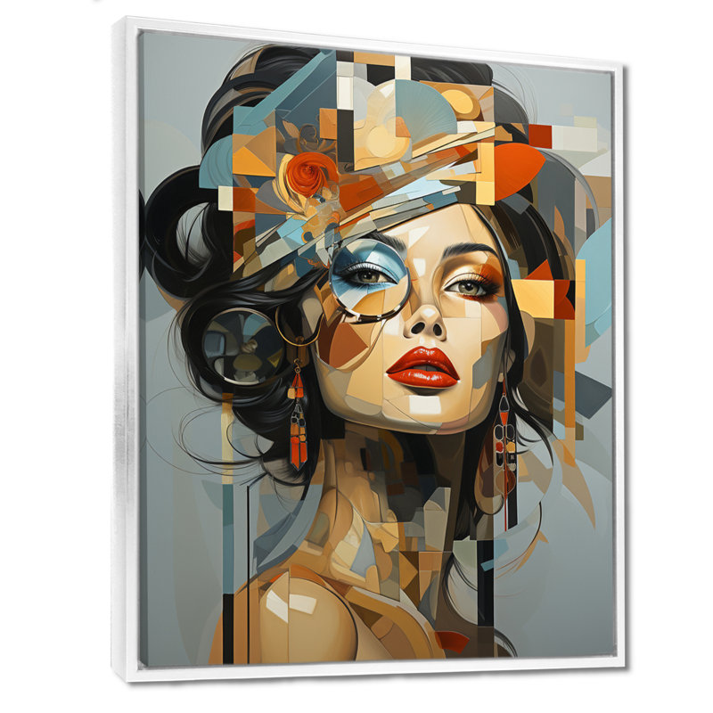 «Glam Harmonious Cubist Woman Portrait I», art mural sur toile tendance, H 44 po x l 34 po, Reproduction avec cadre flottant