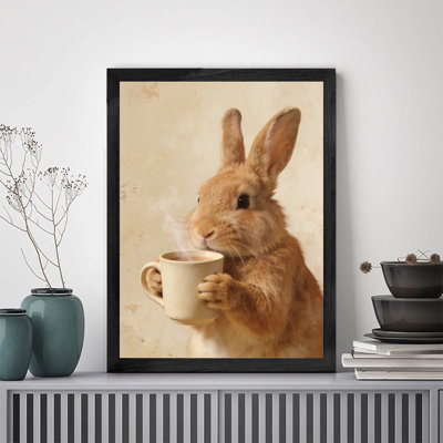 Décoration murale de luxe avec cadre en bois noir Lapin tenant une tasse de café, décoration murale élégante pour la maison
