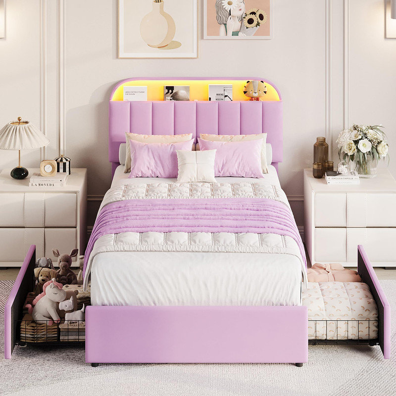 Structure de lit simple simple avec tête de lit tapissier, 2 tiroirs et lueur DEL, plateforme robuste, sans sommier, Purple