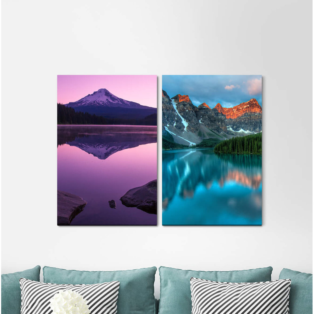 2-tlg. Leinwandbilder-Set - Fotografie „Fuji Volcano Mountain Lake Reflection Nature Silence”