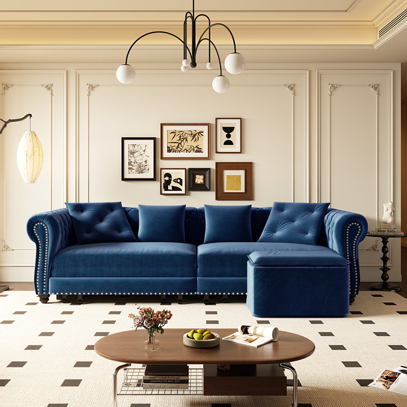 89" Velvet Upholstered Chesterfield Sofa King-Size Pull-Out Sofa Bed, Convertible Sleeper Couch with 4 Pillows, Blue, Blue