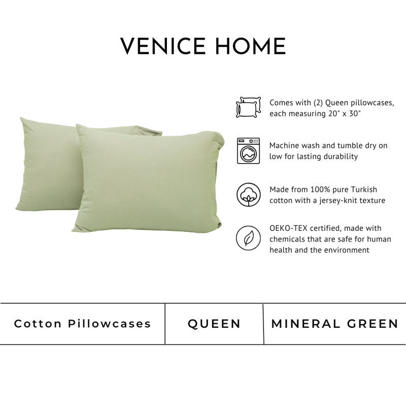 Taies d'oreiller en jersey 100% coton, Taies d'oreiller pour grand lit, Mineral Green
