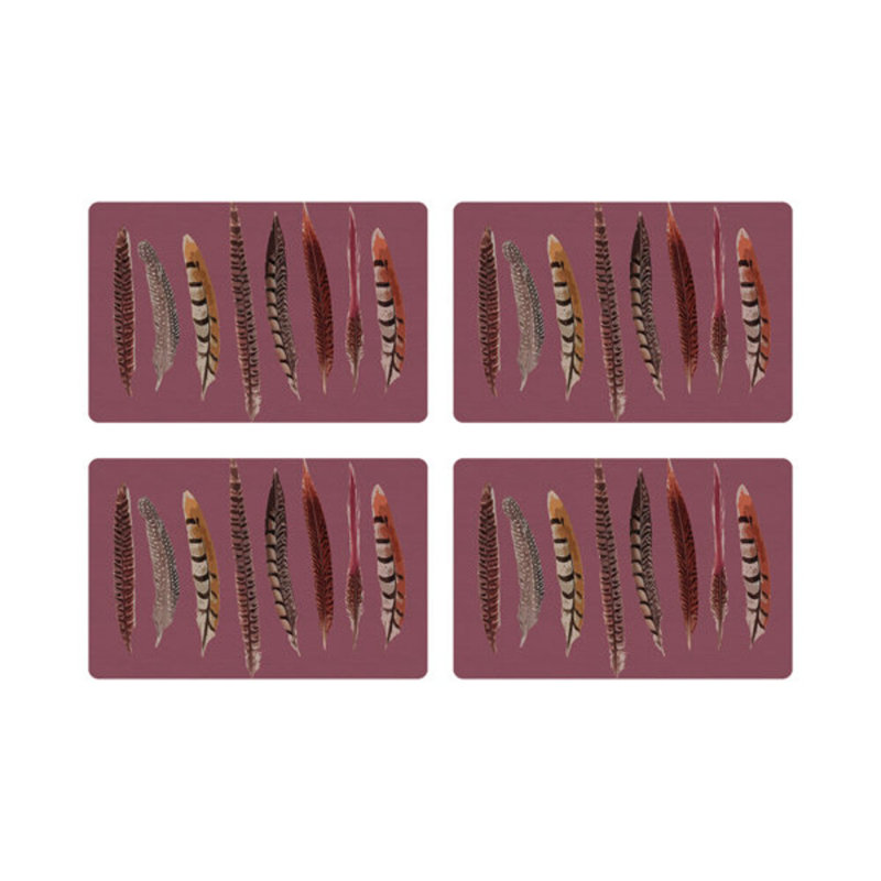 Pheasant Feathers Vegan Leather Rectangle Pebble Placemat, Mauve