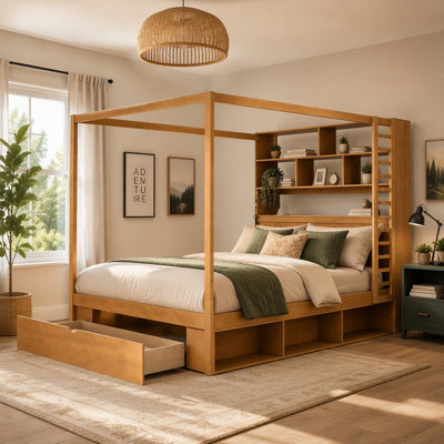 Lit à baldaquin en bois Queen Size avec tête de lit bibliothèque, prises USB et éclairage DEL RVB intelligent, lit plateforme avec rangement sous le lit, tiroir au pied du lit et garde-robe réversible, noyer