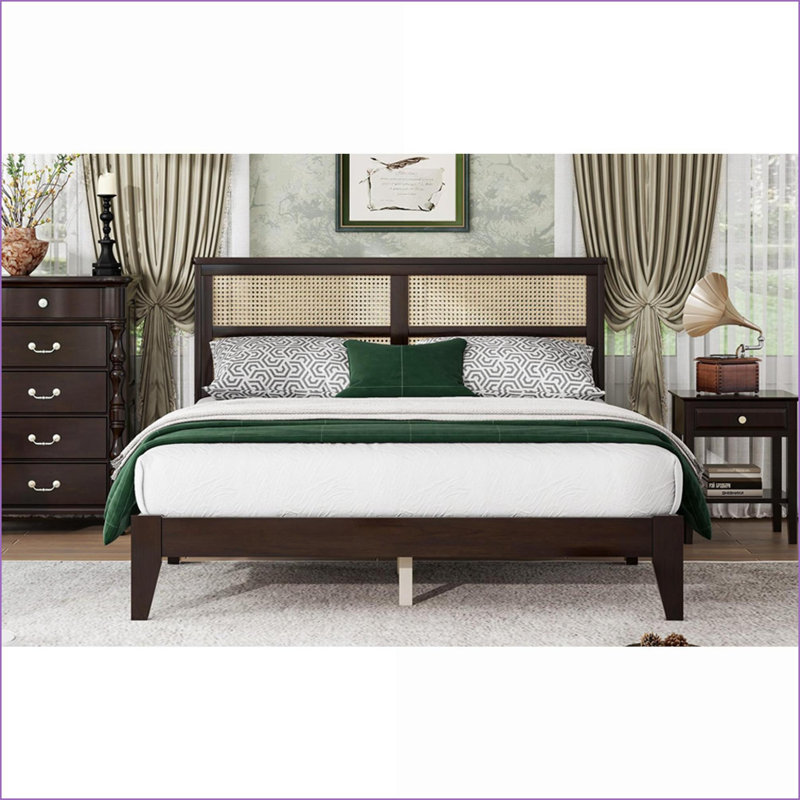 Grand lit plateforme en bois d'hévéa avec tête de lit en rotin, aucun sommier nécessaire, espresso pour la chambre principale