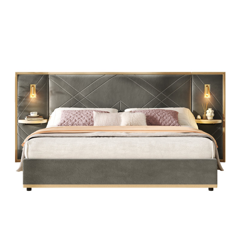 Calviano Upholstered Platform Bed With Wingback Headboard, LED Lighting, And Storage Side Panels, Gray, Queen