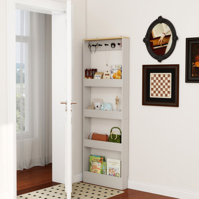 Behind The Door 69" Tall Bookcase with 4 Shelves and 5 hooks,  Space-Saving Narrow storage cabinet for Living Room, Children's Room, Study Room, Kitchen, Corridor-Antique White