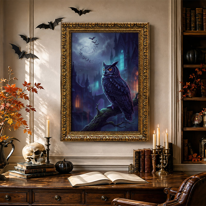Hibou noir sur une branche avec château gothique, spirale de chauves-souris, toile murale d'Halloween, H 30 po x l 20 po
