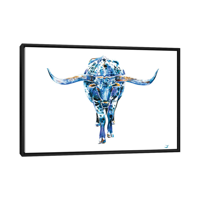 «Texas Longhorn», impression sur toile, H 18 po x l 26 po x P 1,5 po, Toile avec cadre noir, Pas de tapis