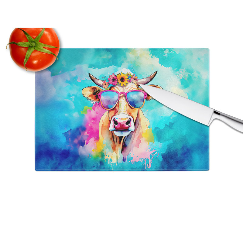 Hippie Animal Malvi Cow Glass Cutting Board