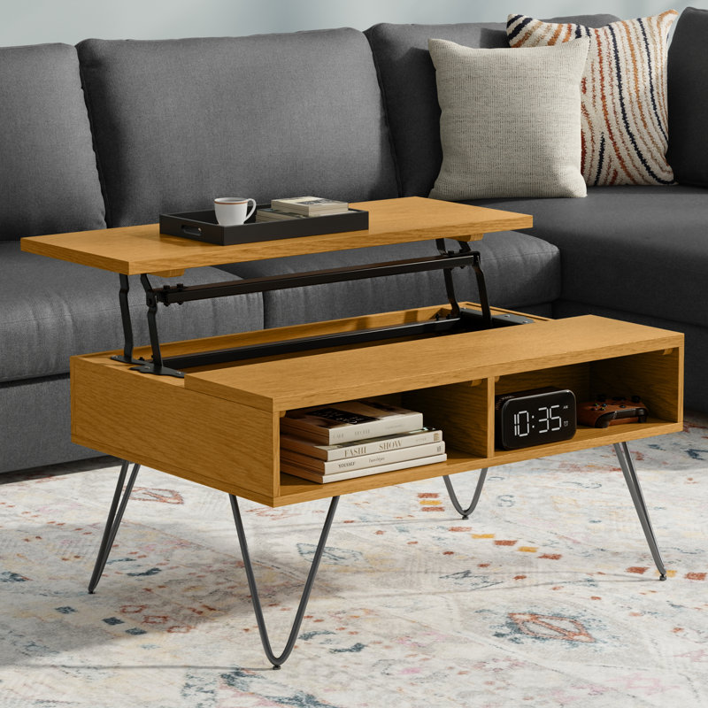 Hunter 36"W Oak Veneer and Metal Industrial Small Lift Top Coffee Table with Hidden Storage, 2 Cubbies and Hairpin Legs