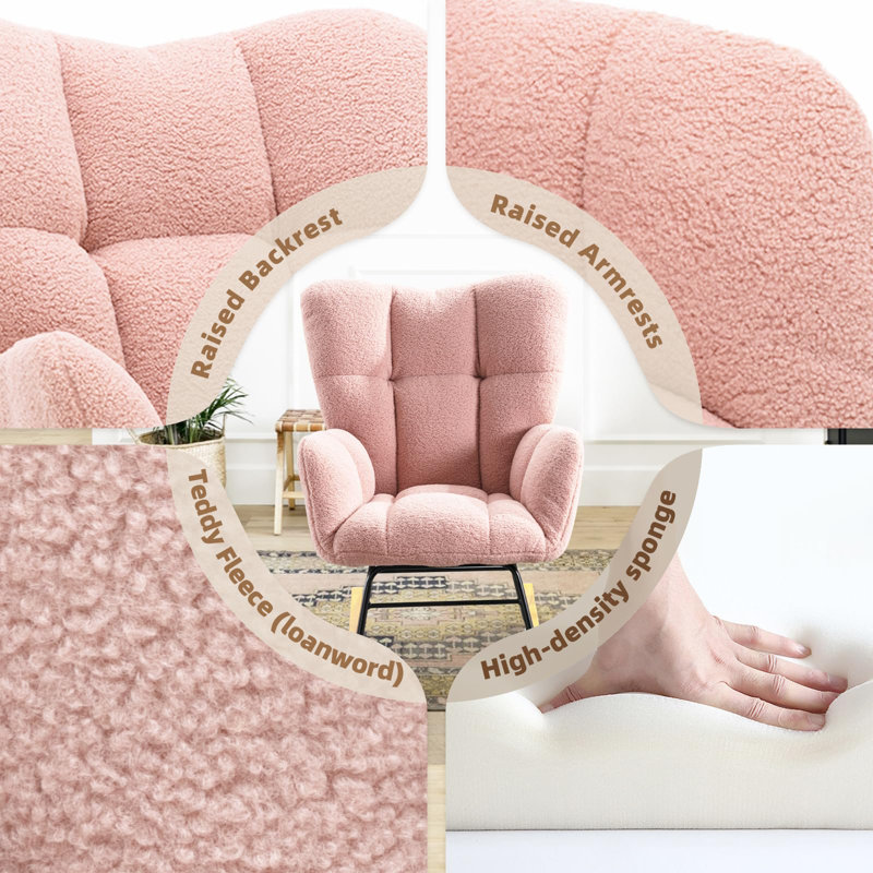 Teddy Upholstered Nursery Rocking Chair with Side Pockets, Pink