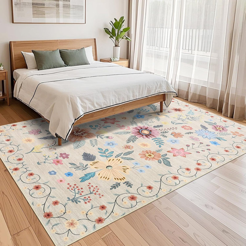 Rug Kitchen Floral Rug for Hallway Bedroom, Soft Thin Indoor Low Pile Flower Carpet with Non Slip Backing, Rectangle 4' x 6'