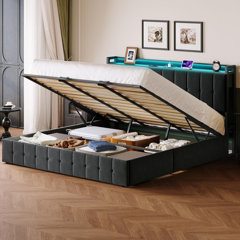 Lit plateforme tapissier en velours avec rangement relevable, lumières DEL, station de charge et tête de lit, aucun sommier nécessaire, noir