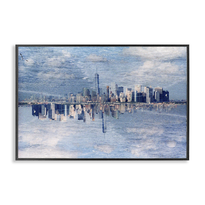 City Skyline Reflection Framed Giclee, design by Robin Vandenabeele, 20" H x 30" W, Midnight Black Framed Giclee