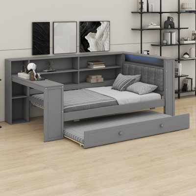 Multifunctional Wood Bed Frame with Upholstered Headboard, Trundle, Desk, LED Lights & Charging Station