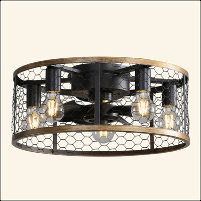 20 Inch Industrial Caged Ceiling Fan, With 7-ABS Blades Remote Control Reversible DC Motor, Small Flush Mount Ceiling Fan For Farmhouse