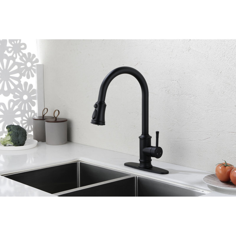 Robinet de cuisine en acier inoxydable noir mat avec poignée rétractable, poignée simple, arche haute, 1,8 gal / min, installation facile et entretien vers le bas, débit en gallons par minute