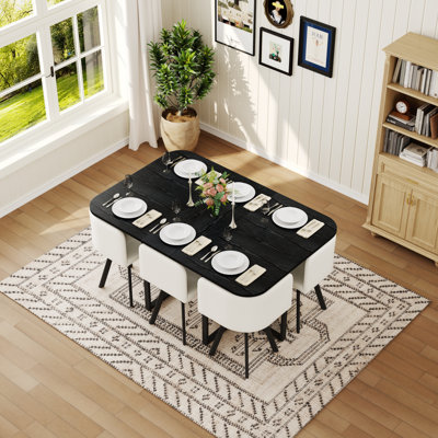 Ensemble de table de salle à manger 7 pièces avec 6 chaises en cuir ciré à l'huile blanche, table de cuisine rectangulaire en grain de bois noir (planche de triamine), ensemble de mobilier de salle à manger moderne pour petit espace, appartement, restaurant