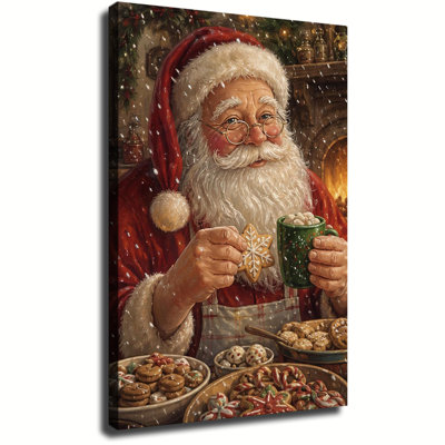 Santa Claus With Cookies And Hot Cocoa Canvas Wall Art, Vintage Christmas Oil Painting Print, Winter Holiday Decor For Living Room And Fireplace