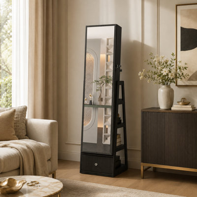 Armoire à bijoux pivotante à 360 ° avec miroir pleine longueur, armoire de rangement pour bijoux à 360 °, armoire de rangement verrouillable, miroir intérieur éclairé et tiroirs de rangement, noir