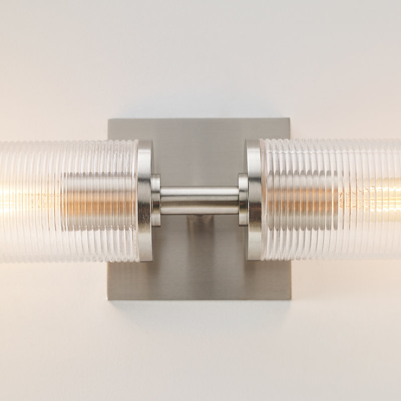 Sarita 2 Light Bathroom Bedroom Wall Fixture With Clear Ribbed Shade, Brushed Nickel