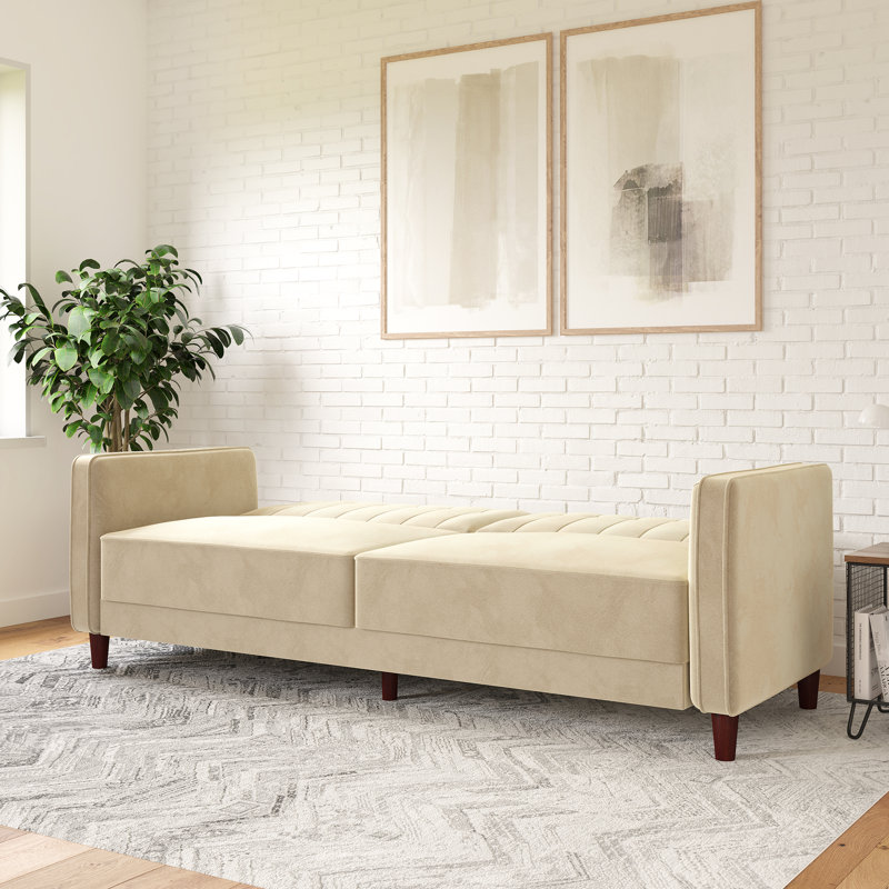 Perdue 81.5" Velvet Square Arm Convertible Sofa, Tan Velvet