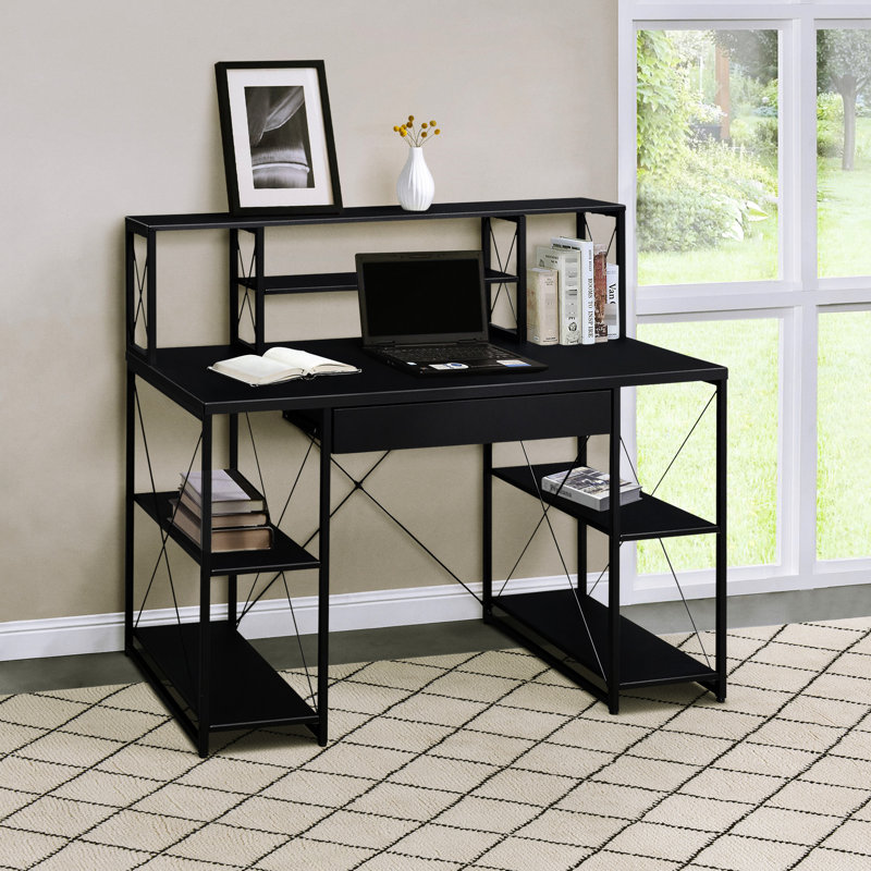 Bureau noir avec tablettes ouvertes et pour le bureau - rangement spacieux à 1 tiroir et 8 compartiments