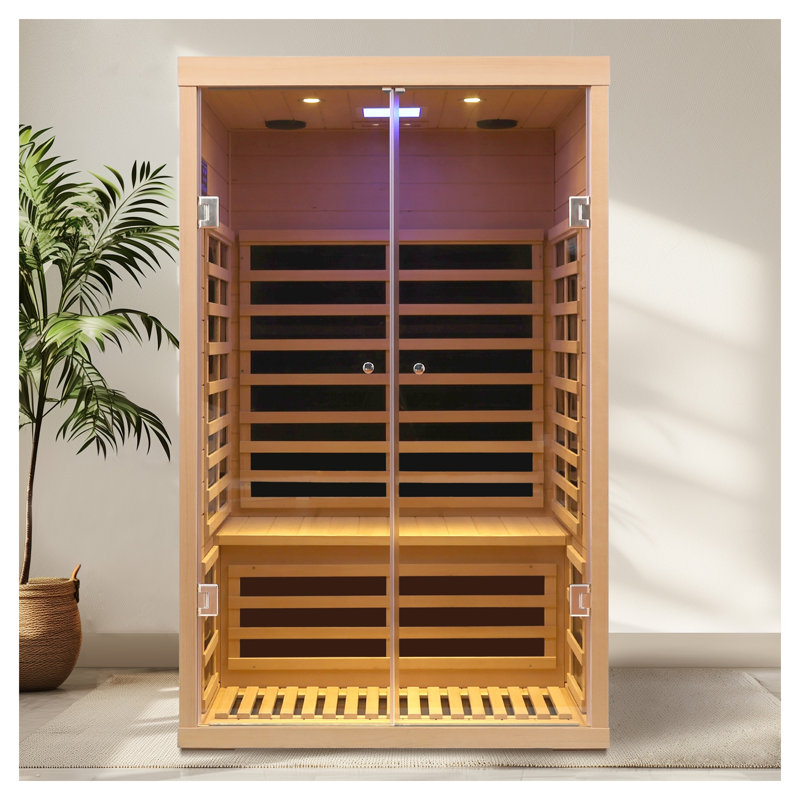 Sauna infrarouge lointain à deux places Hemlock avec technologie Low EMF, portes en verre double et finition en bois naturel