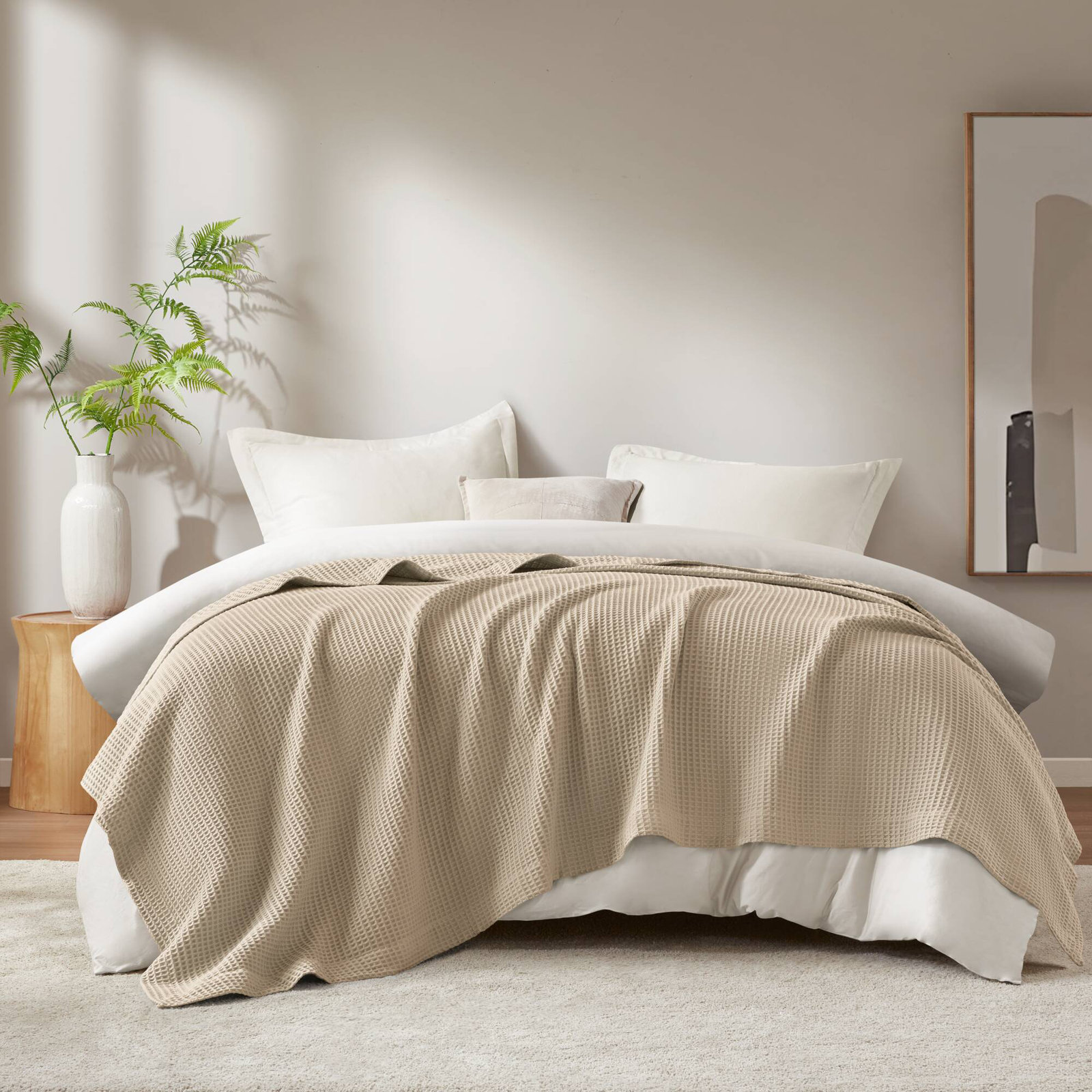 Waffle Weave 100% Cotton Blanket, King, Khaki