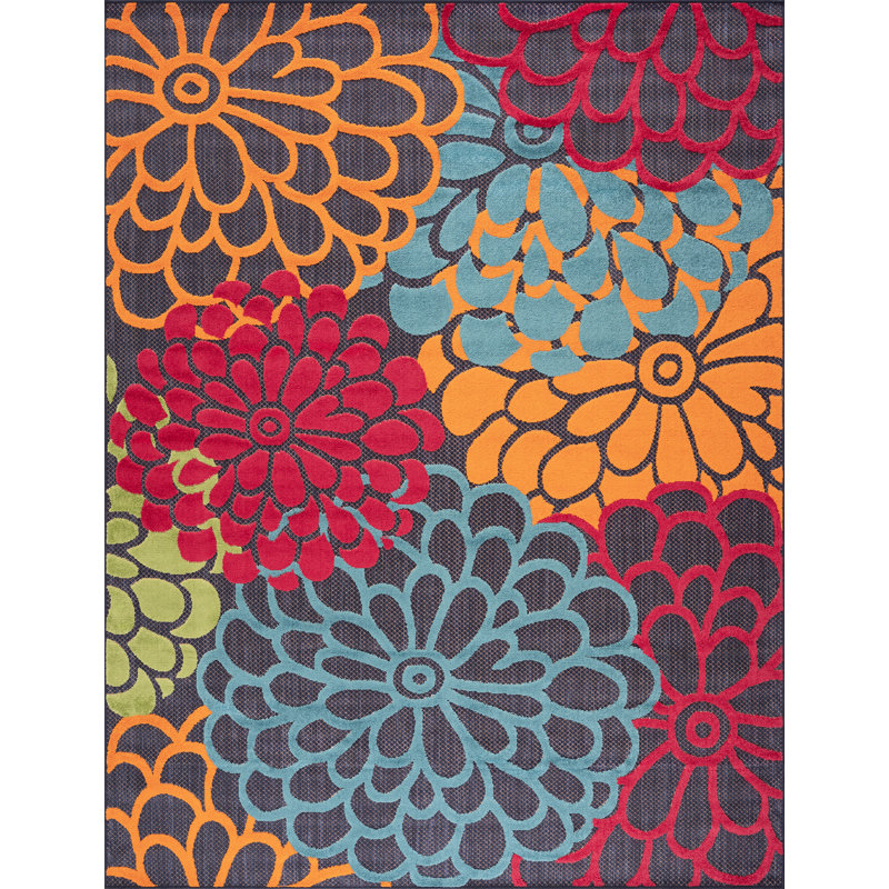 Oneil Modern Floral Navy Polypropylene Rectangle Area Rug, 6'7'' x 9'3'', 7x9 - ( 6'7'' x 9'3'' )