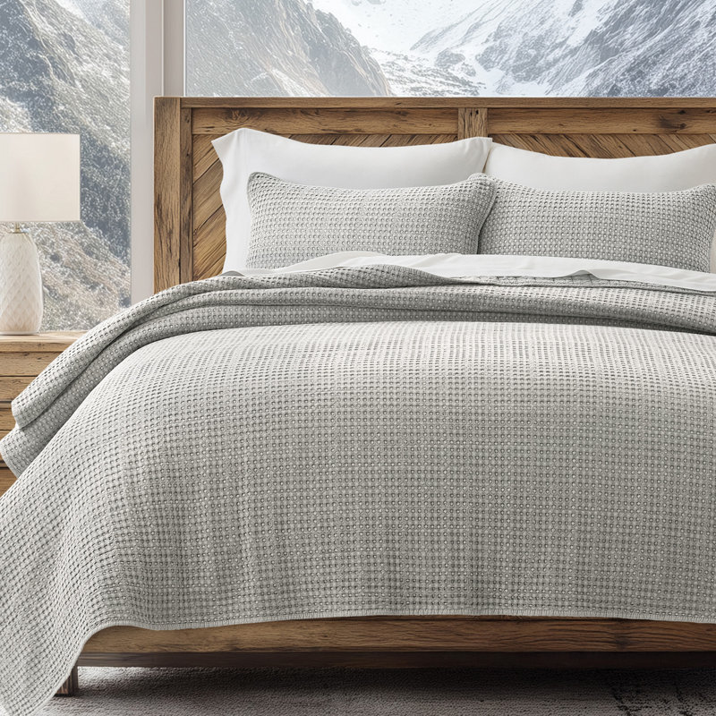Stonewashed 100% Natural Cotton Waffle Quilt Set, King Quilt + 2 King Shams, Misty Gray
