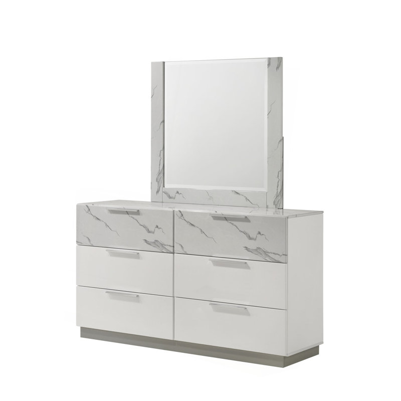 Commode blanche brume - Finition bicolore très brillante en marbre et en laque avec six tiroirs spacieux, intérieurs doublés de velours