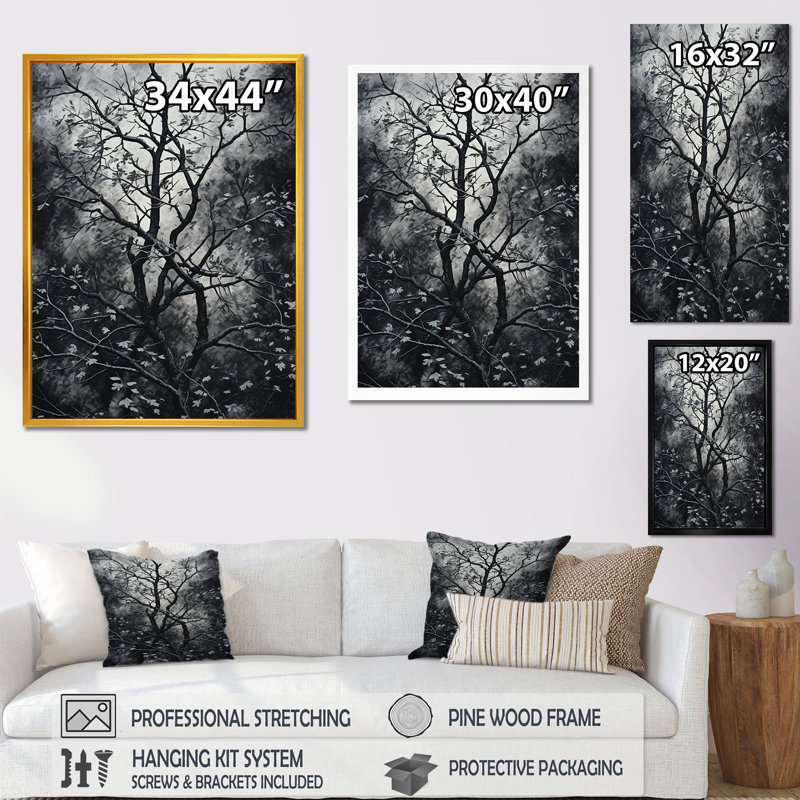Arbre gothique gris la nuit II - arbre, art mural, Toile tendue, H 32 po x l 24 po x P 1 po
