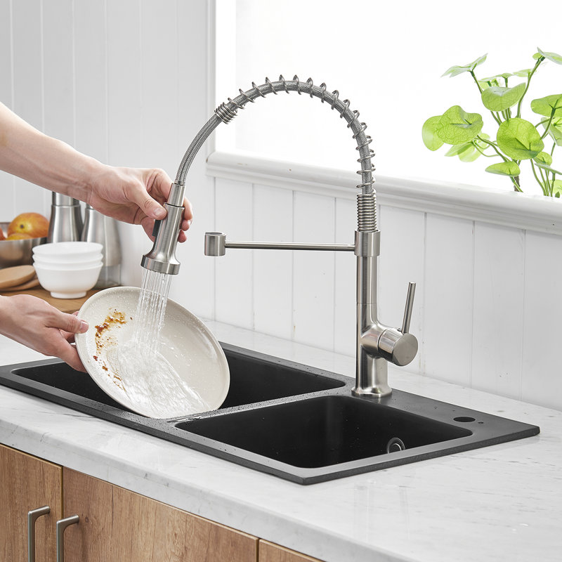 Robinet d'évier de cuisine avec robinet rétractable, nickel brossé, rotatif à 360 degrés, robinet de remplissage en céramique, rotatif, adapté à divers éviers