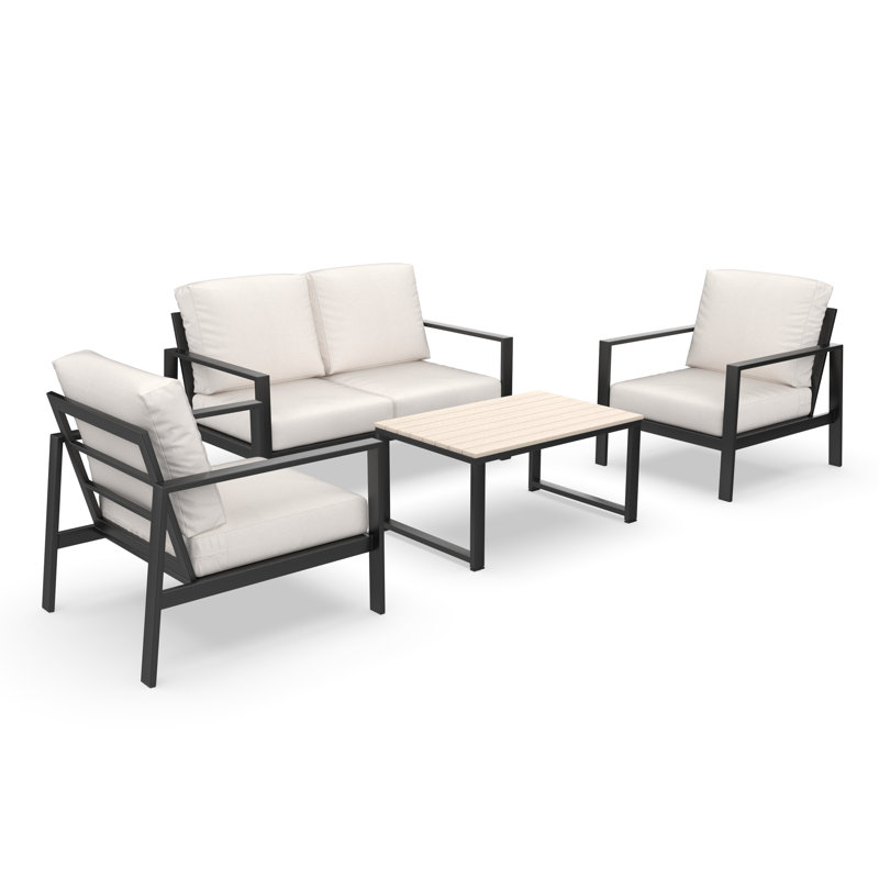 Ensemble de conversation Ulrica avec coussins Sunbrella®, 4 Pcs: Table, Loveseat, 2 Chairs, Blanc