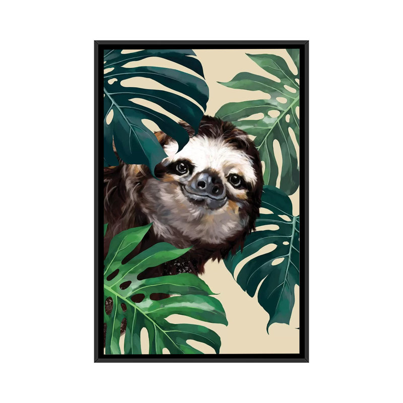 Sloth furtif avec monstera, H 40 po x l 26 po x P 1,5 po, Toile avec cadre noir