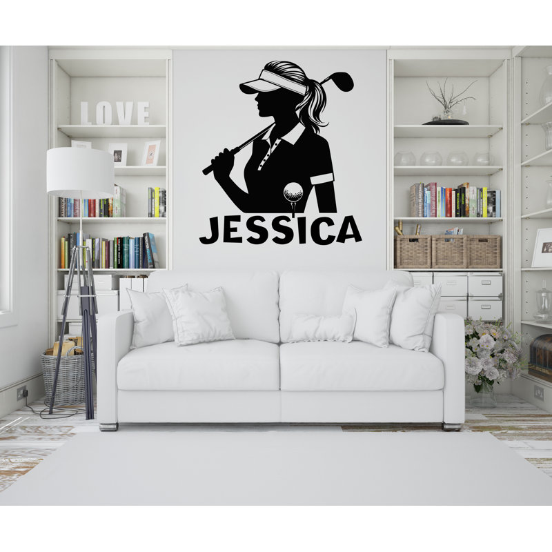 Adhésif mural personnalisé personnalisable golfeur féminin, autocollant mural personnalisé nom silhouette de golf, art mural amovible pour chambre à coucher ou salle de jeux 630DLU