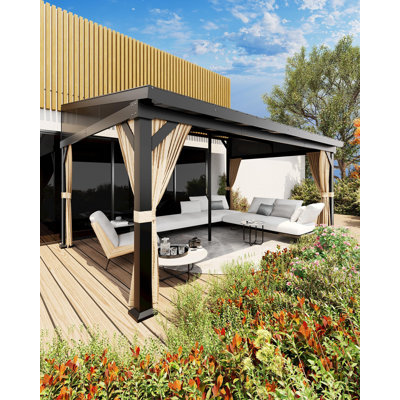 12'x16' Wall-Mounted Hardtop Lean to Gazebo with Aluminum Frame & Galvanized Steel Roof, Netting & Curtains for Patio,Garden