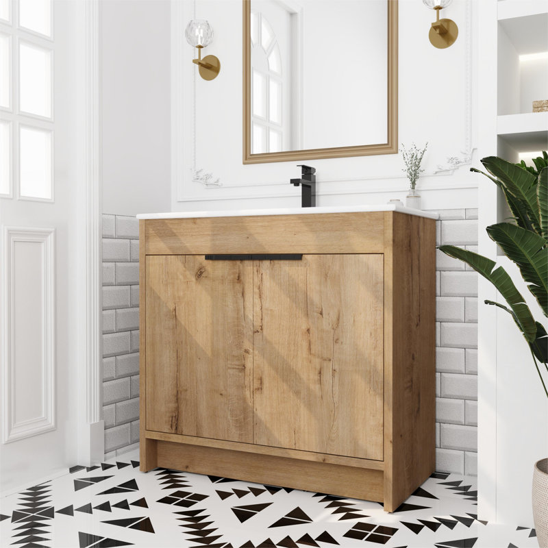 Kinslie 35.93'' Single Bathroom Vanity with Ceramic Top,2 Soft Close Doors and 1 Adjustable Shelf, Brown