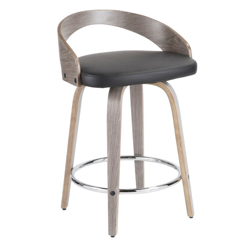 Tabouret de comptoir Grotto Mid-Century moderne en bois gris clair et similicuir noir par Lumisource - 2, Gris, Gris clair