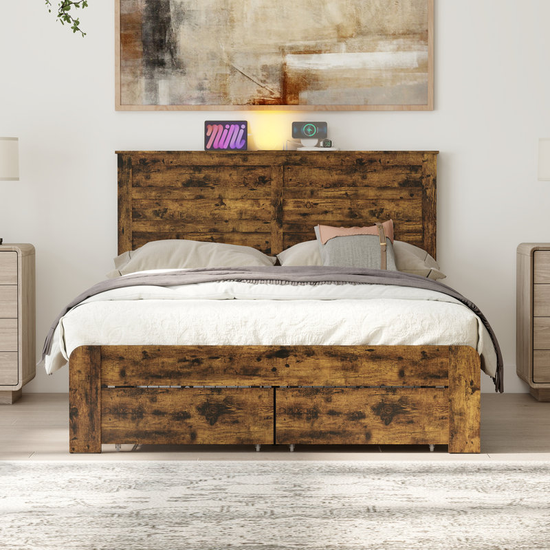 Cadre de lit rustique pleine grandeur avec 2 tiroirs de rangement, lit plateforme en bois avec station de recharge et lumière DEL, sommier non requis