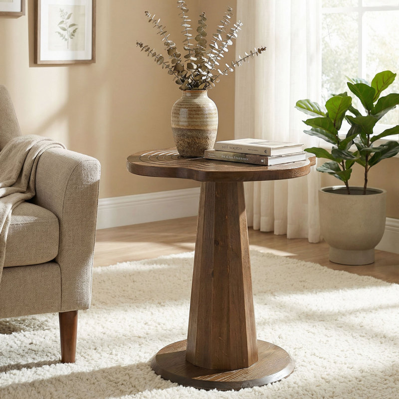 Solid Wood End Table, 19" Round Pedestal With Tree-Ring Patterns