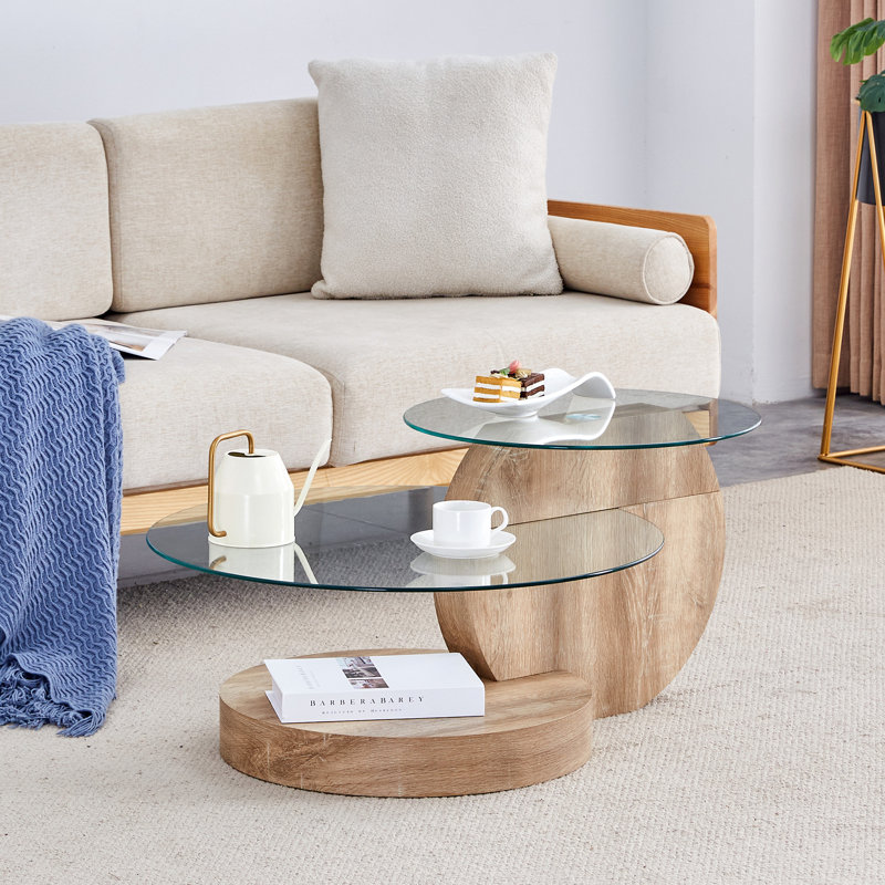 Luxurious 35.4" Glass Top Round Nesting Coffee Table with 3-Tier Storage Shelves, Natural Wood