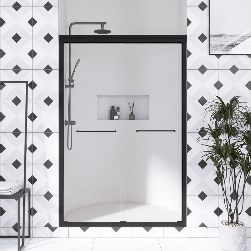 44-48 In. W × 72  In. H Matte Black Half Frameless Double Sliding Glass Shower Door  With SGCC Certified  1/4" Clear  Tempered Glass  | Safety Explosion-Proof Film |  | Reversible Installation