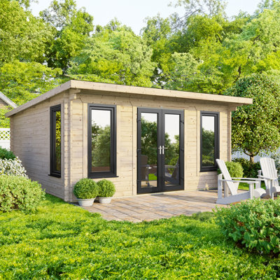 Powersheds 16 x 14ft Pent Log Cabin, Doors Central - 44mm