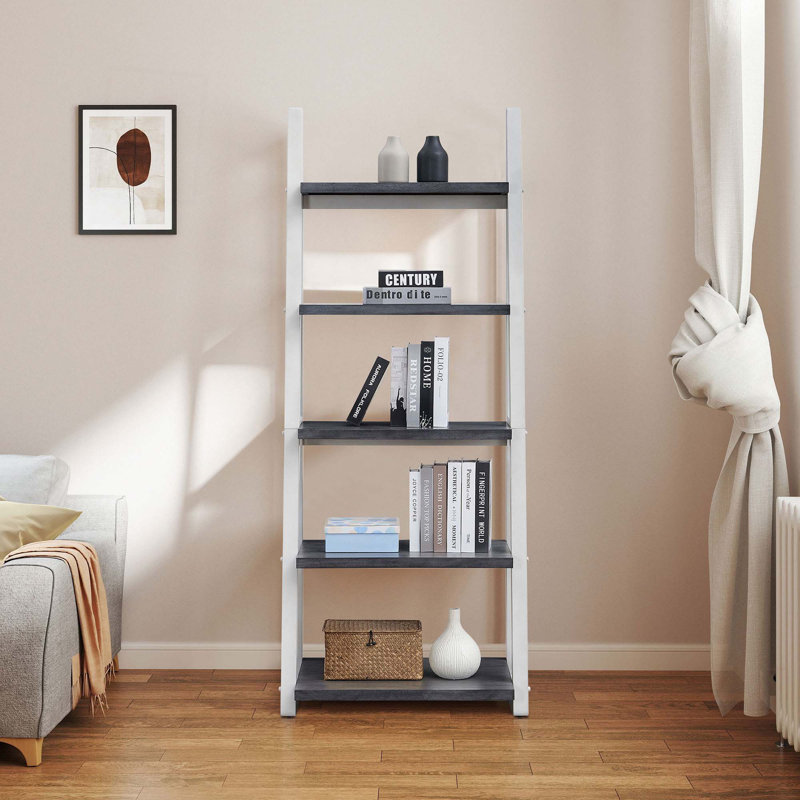 5-Tier Shelves, Bookshelf, Storage Rack, Ladder Shelf, Gray/White