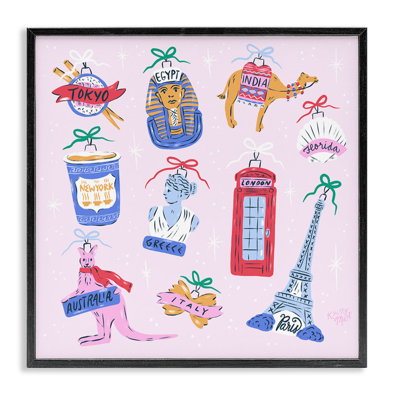 Global Travel Ornaments, estampe numérique, conception de Krissy Mast, H 24 po x l 24 po, Giclée encadrée noir minuit