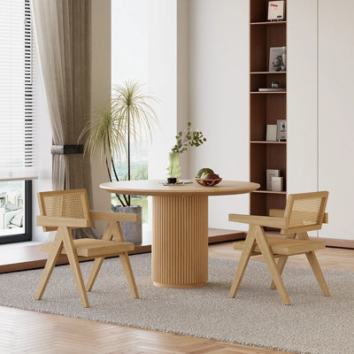 31.5 Inch Round Dining Table for 2, Circle Kitchen Table with Wood Strip Base, Modern Farmhouse Dinner Tables for Kitchen, Living Room