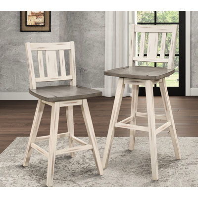 2 Solid Rubberwood Counter Height Chairs - White Gray, 360 Swivel Feature Chairs, Wood In Distressed Gray And White, 360-Degree Swivel, Rustic Slat Back Dining Decoration